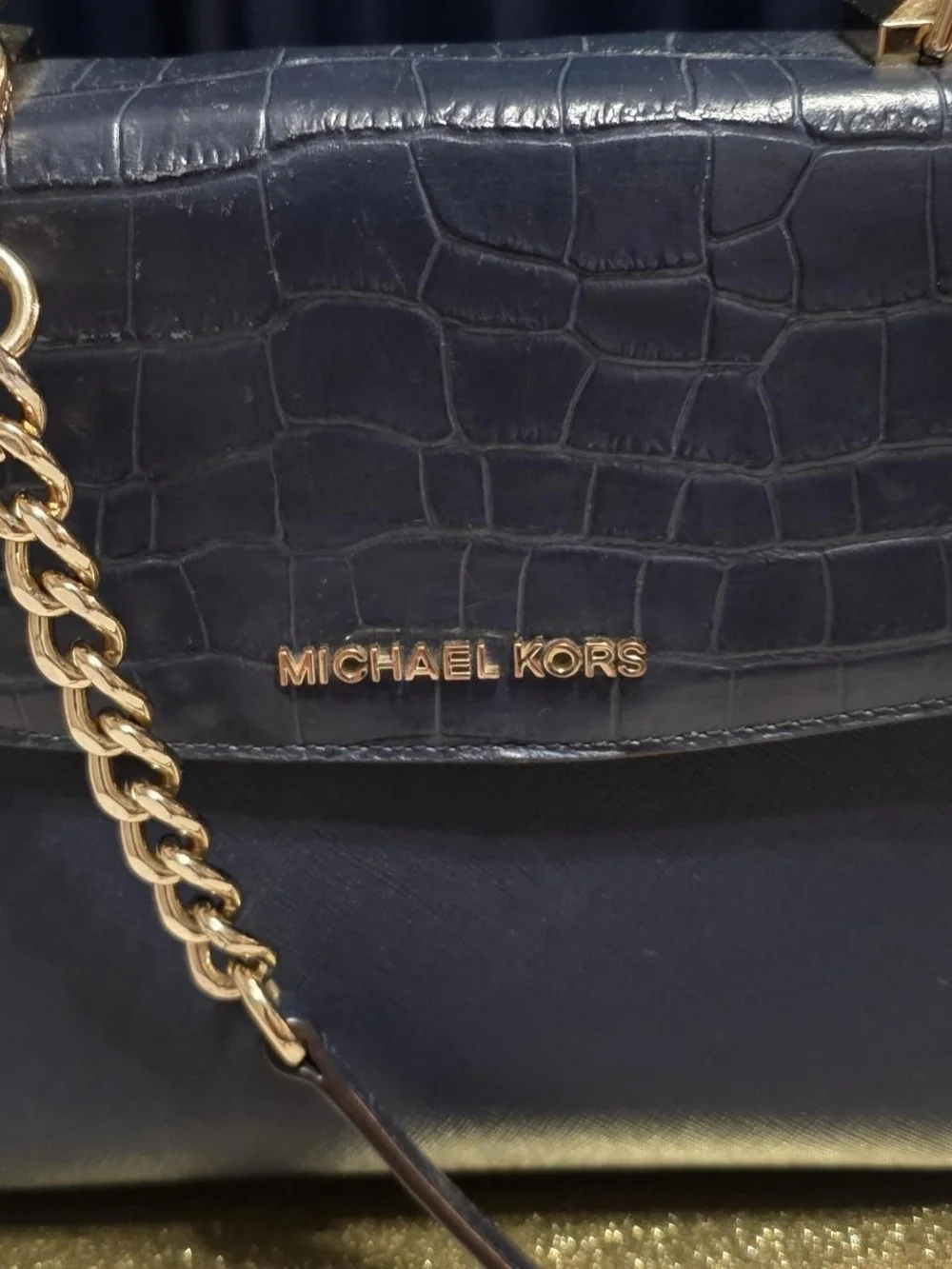 Michael Kors Navy Croc-Embossed Top-Handle Satchel with Gold Chain